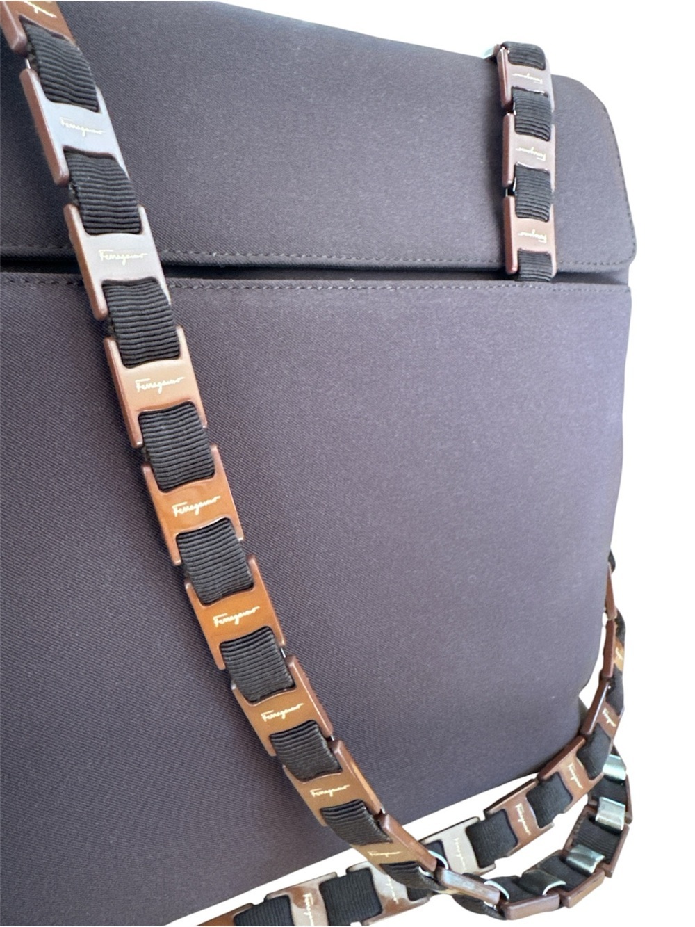 Salvatore Ferragamo Authentic Brown Nylon Shoulder Bag with Chain Strap 10x12x3 - Picture 3 of 17